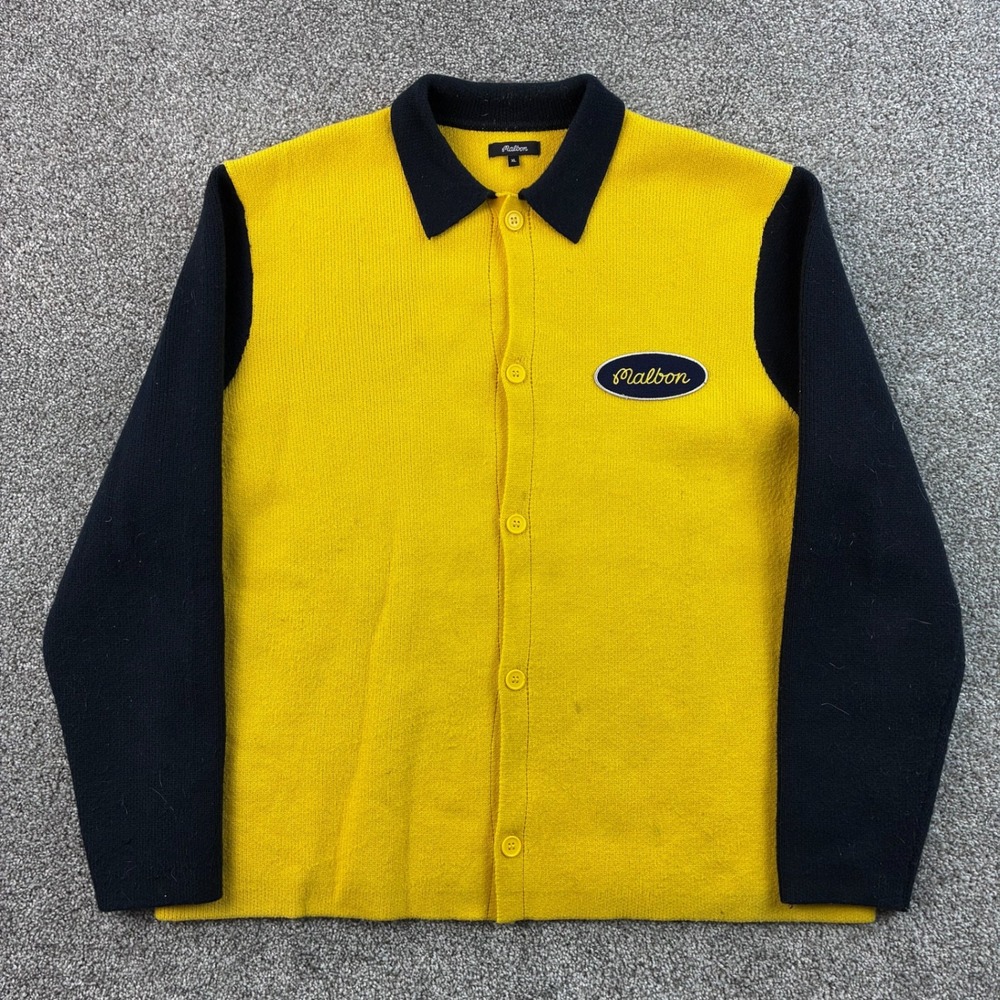 Malbon Golf Knit Cardigan Sweater Mens XL Yellow Black Acrylic Logo Button Up